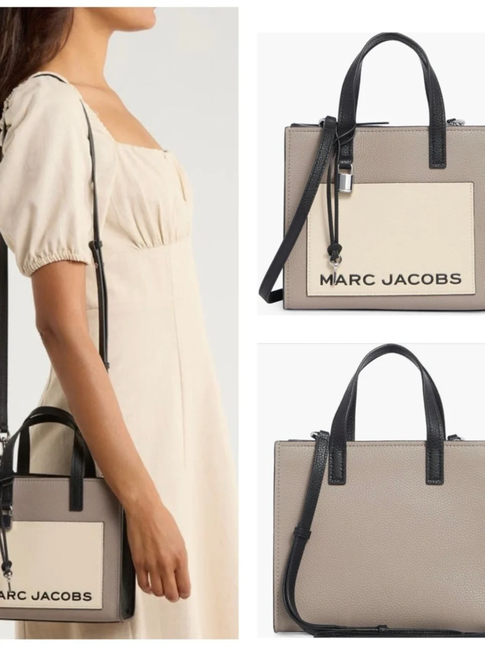 Marc Jacobs Mini CB Grind Tote Beige & Black Leather Crossbody with Logo Panel